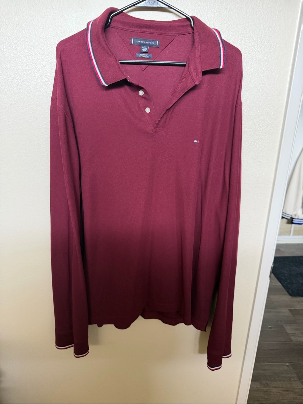 Tommy Hilfiger Men’s Long-Sleeve Polo - Burgundy with Contrast Trim